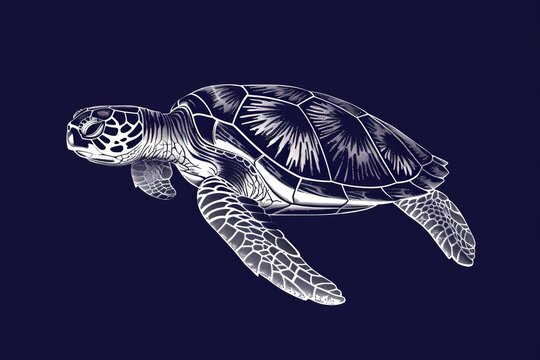 recommend clip art: White line drawing of a sea turtle swimming underwater on a dark blue background.