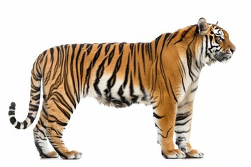 Obraz premium Tiger Profile. Side View of Majestic Big Cat Standing in White Isolated Background