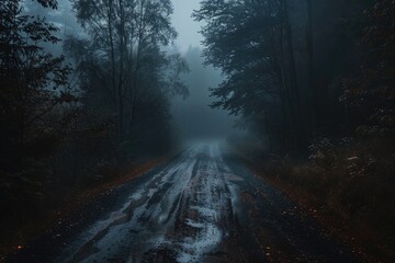 Obraz premium Haunted Road. Surreal Dark Forest Road on Enchanted Halloween Night