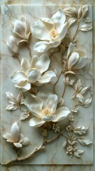 Exquisite White Magnolia Blossoms in a Plaster Relief, Featuring Layers of Waxy Leaves and Ivory Petals in a Delicate Arrangement