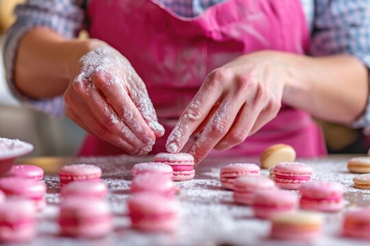 Making Macarons. Woman Baker Crafting Homemade Pink Macaroons by Hand