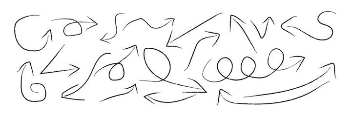 Naklejka premium Grunge arrow vector set. Grunge arrow brush drawn. set of chalk pencil, brush stroke arrows. various charcoal arrows. Hand drawn doodle arrow symbols vector.