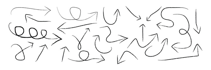 Grunge arrow vector set. Grunge arrow brush drawn. set of chalk pencil, brush stroke arrows. various charcoal arrows. Hand drawn doodle arrow symbols vector.