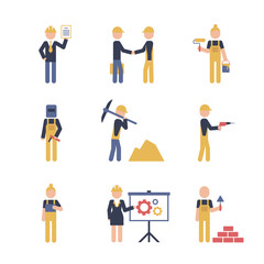 Construction risk icon symbol collection on white background. Construction pictograms in color. Building characters. 