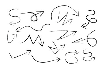 Sketchy arrow with pen, crayon, and chalk effects. Hand drawn style with brush and pencil strokes. Charcoal arrows icons. Flat vector illustration isolated on white background.