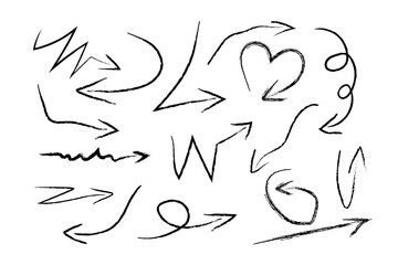Sketchy arrow with pen, crayon, and chalk effects. Hand drawn style with brush and pencil strokes. Charcoal arrows icons. Flat vector illustration isolated on white background.