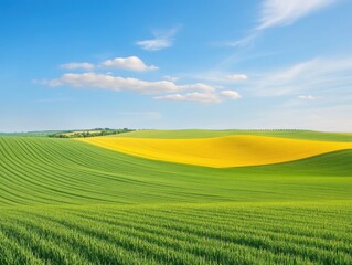 Naklejka premium Vibrant green and yellow rolling hills under bright blue sky in countryside setting