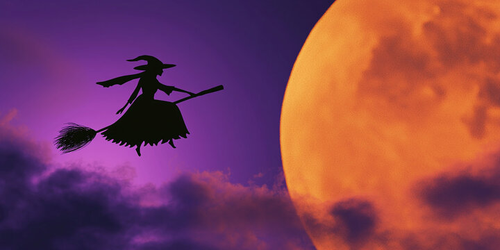silhouette of a witch flying on a broomstick across a full moon, halloween theme wallpaper, space for text - Powered by Adobe