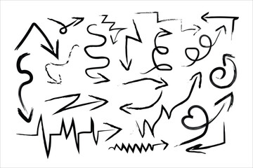 Charcoal arrows vector icons set. Hand drawn freehand different curved lines, swirls arrows. Doodle marker drawing, black chalk smears. Direction pointers. Scribbles and scrawls.
