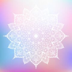 Hand drawn silhouette of white mandala with floral ornamental pattern. Decorative mandala, colorful ethnic oriental ornament. Vector illustration isolated on pastel multi color gradient background