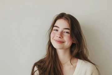Fototapeta premium Smiling Young Brunette Woman with Long Hair in a White Shirt Against White Background, natural makeup, 3/4 bust shot