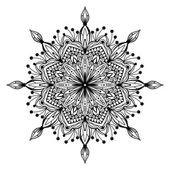 Hand drawn silhouette of mandala with floral ornamental pattern. Decorative coloring page, antistress for adults, ethnic oriental ornament, tattoo. Vector illustration isolated on white background