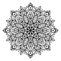Hand drawn silhouette of mandala with floral ornamental pattern. Decorative coloring page, antistress for adults, ethnic oriental ornament, tattoo. Vector illustration isolated on white background