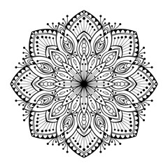 Hand drawn silhouette of mandala with floral ornamental pattern. Decorative coloring page, antistress for adults, ethnic oriental ornament, tattoo. Vector illustration isolated on white background