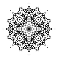 Hand drawn silhouette of mandala with floral ornamental pattern. Decorative coloring page, antistress for adults, ethnic oriental ornament, tattoo. Vector illustration isolated on white background