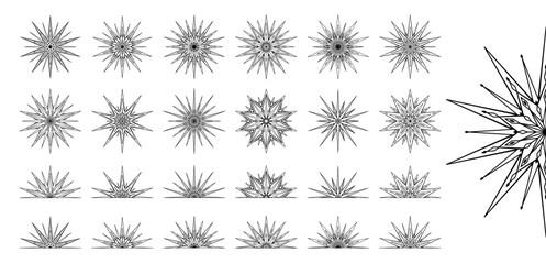 Hand drawn silhouette of star, sunburst, light rays. Bohemian symbol bursting sun ray. Magic ornate talisman, antique style, boho, tattoo, logo. Vector set illustration isolated on white background