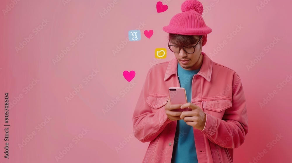 Leinwandbilder a man in a pink sweater and hat interacts with his smartphone while colorful icons of likes and hear