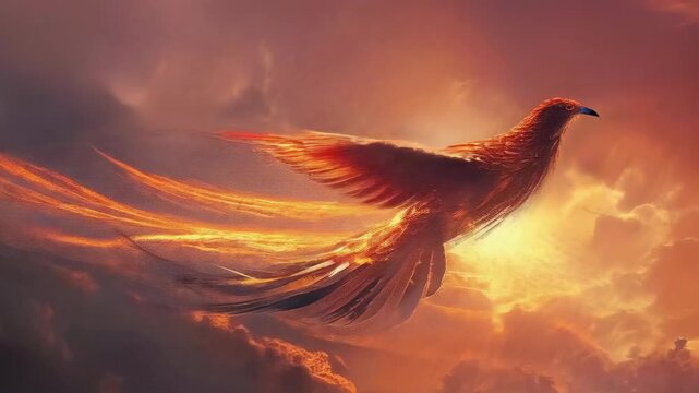 A magnificent phoenix with outstretched wings soars through a glowing sky at sunset. The fiery bird illuminates the clouds, creating a vibrant and mystical scene filled with warmth and wonder.