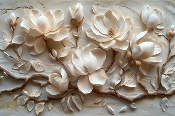 Exquisite White Magnolia Blossoms in a Plaster Relief, Featuring Layers of Waxy Leaves and Ivory Petals in a Delicate Arrangement