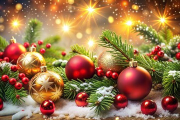 Fototapeta premium Festive, Christmas ornaments and pine branches. Red and gold baubles with green pine needles on snow-dusted background. Ideal for holiday greeting cards, festive banners, or seasonal advertisements.