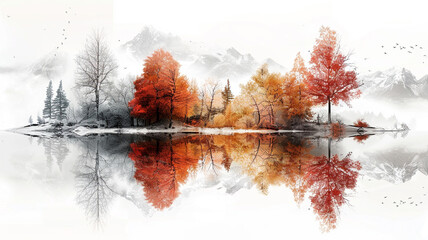 Vibrant autumn landscape with reflections in a tranquil lake at dawn