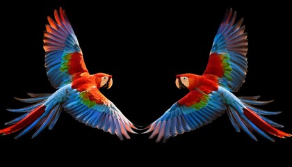 Two red parrots, isolated on black background. Bright red and blue south american parrots, Ara macao, Scarlet Macaw, flying with outstretched wings, wild amazonian bird.