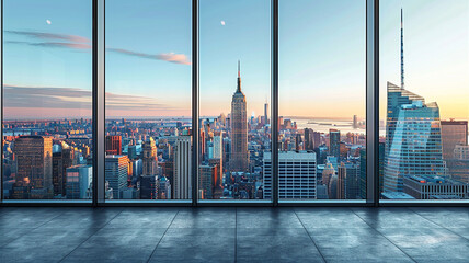 Stunning new york city skyline at sunset from office windows