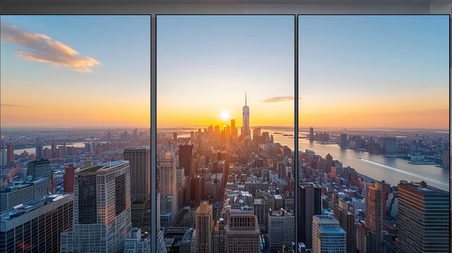 Fototapeta Stunning sunset over new york city skyline viewed from high rise building