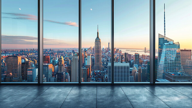 Fototapeta Stunning new york city skyline at sunset from office windows