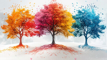 Vibrant autumn trees in vivid colors with falling leaves and birds flying