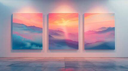 Vibrant mountain landscape art displayed in modern gallery at sunset