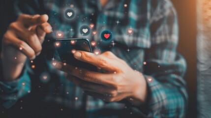 A man interacts with his smartphone as social media likes icons pop up in a modern digital communication setting. Generative AI