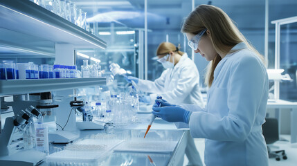 Workers in a modern pharmacological lab, preparing samples for testing