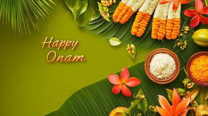 copy space, text "Happy Onam" , illustration, south Indian festival, happy Onam greetings background. Background for Indian Onam festival, annual harvest and cultural festival related to Hinduism.