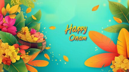 copy space, text "Happy Onam" , illustration, south Indian festival, happy Onam greetings background. Background for Indian Onam festival, annual harvest and cultural festival related to Hinduism.