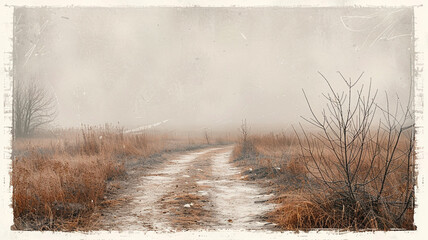 Foggy pathway through grassy field on a winter morning in rural landscape