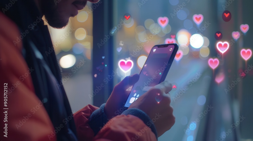 Aufkleber A man focuses on his smartphone, interacting with social media while illuminated by colorful city lights and floating like icons. Generative AI