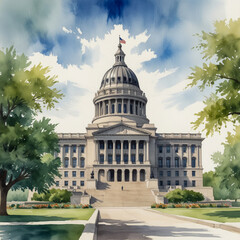 Obraz premium A stunning watercolor illustration of the Kansas State Capitol in Topeka, Kansas, he impressive architecture of the Capitol building, highlighting its grand dome and neoclassical design with detailed