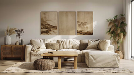 Cozy living room with natural decor and earthy tones in bright ambient light
