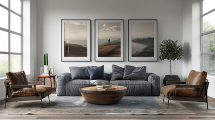 Modern living room with cozy furniture and scenic wall art in bright natural light