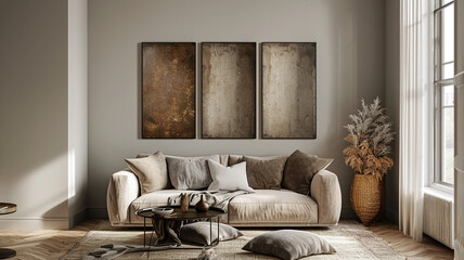 Cozy living room interior with neutral tones and artwork in bright natural light