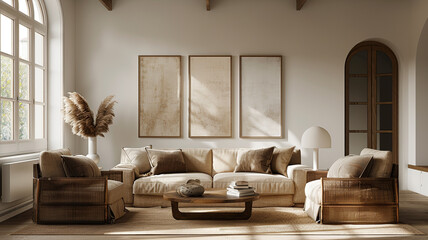 Cozy modern living room with natural light and earthy decor in a contemporary home