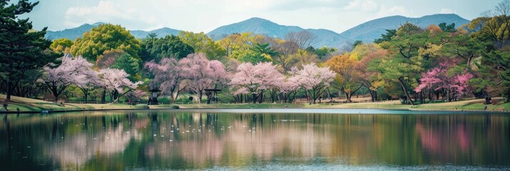 Blooming sakura trees on lake shore. Beautiful pink Japanese cherry blossoms in spring. Mountains at background