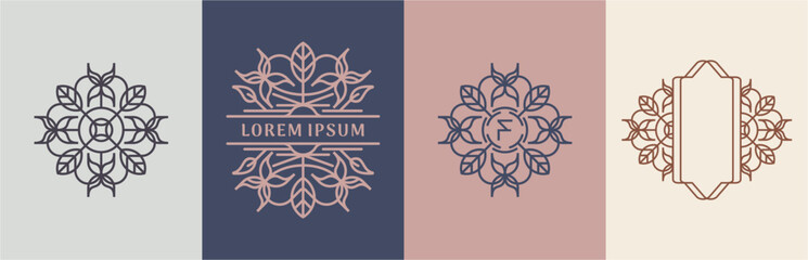 Luxury flowers and leaves logo design. Frames with copy space for text or letter. Abstract vector based creative line style template.