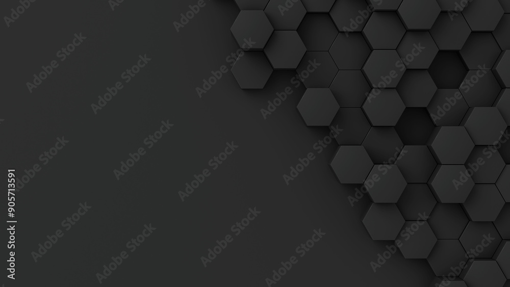 Poster black hexagons with random size on dark backdrop. a place for text on the left. abstract 3d render i