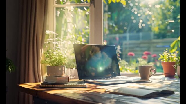 Bright and cozy home office scene by the window. A laptop, coffee cup, notebooks, and plants create a peaceful and productive workspace. Sunlight enhances the calm atmosphere.