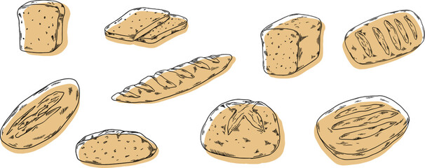 Bakery hand painted illustrations set banner black and white beige, buns, bread with crust, slice, pastry design live drawing, savory, sweet homemade pie, baguette, crumble