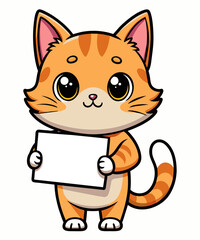 Hand drawn funny cat holding an empty banner with place for text. Cartoon vector illustration.