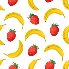 Seamless pattern with banana and strawberry. Summer background. Cartoon style vector illustration.