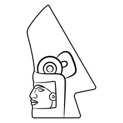 Stylized human head from El Tajín, Veracruz, Mexico. Native American pre Columbian design. Indian Warrior in a helmet. Ball player hacha. Black and white linear silhouette.